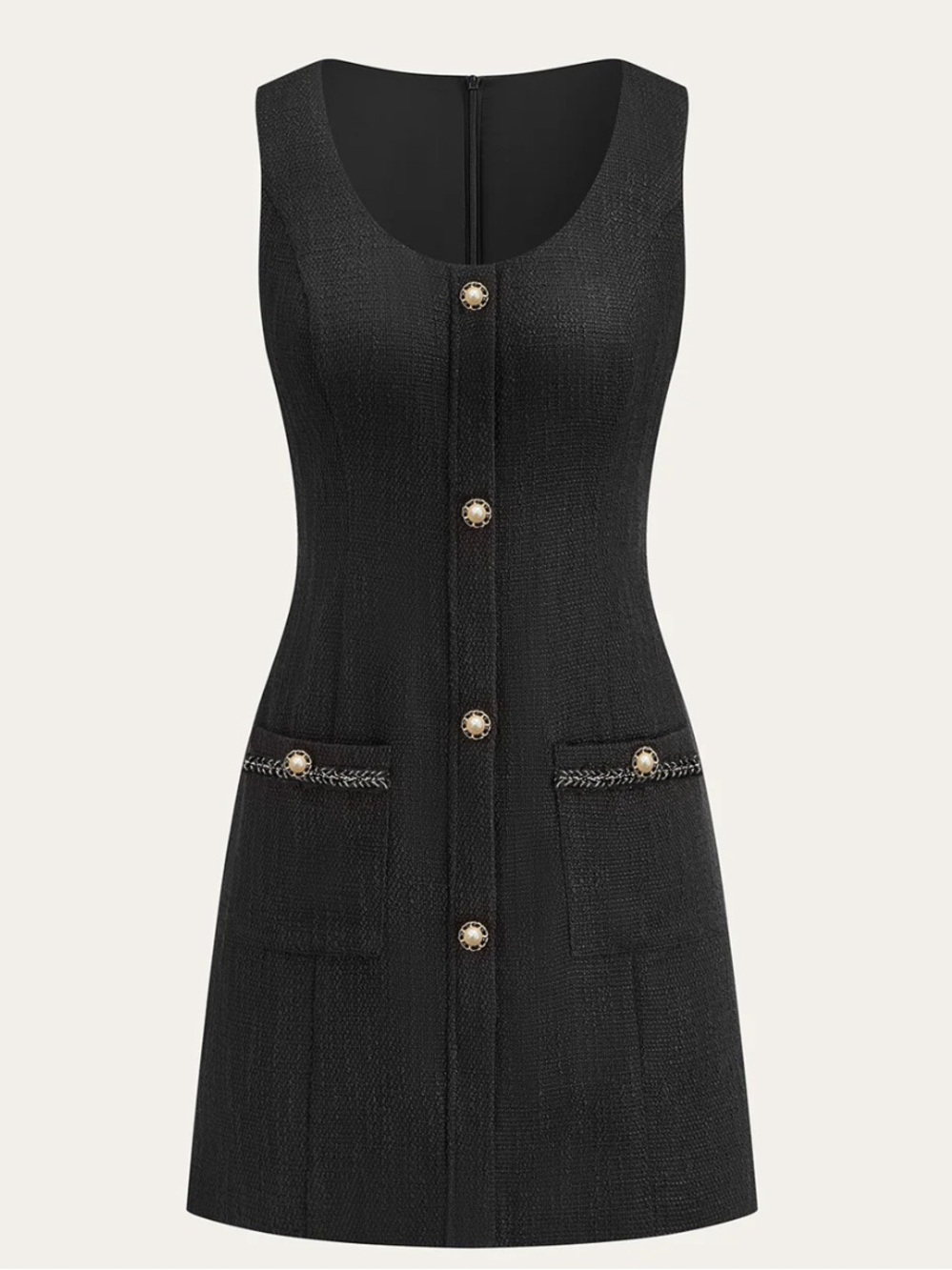 Commense Black Tweed Sleeveless Button-Front Mini Dress
